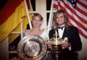 Singles champions Steffi Graf of Germany Andre Agassi USA pose wit- Old Photo