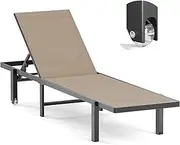 Aluminum Chaise Lounge Chair Outdoor with Wheels, Patio Lounge Chair with Adjustable 5-Position Recliner and Full Flat Tanning Chair for Patio, Beach, Pool, Khaki