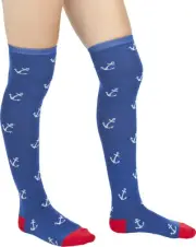 78537 Navy Blue & White Anchor Seafaring Thigh High Socks Sourpuss Derby Boots