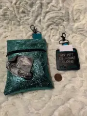 NEW Set Poo Bag holder/Dispenser + Pet Home Alone clip fob Turquoise tooled flor