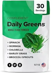Complement Daily Greens Superfood Powder with Spinach, Moringa, Chlorella, Barley Grass, Broccoli Sprouts - Immune Support - Vegan, Organic - 30 Servings