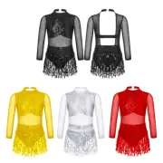 Kid Girls Shiny Tassel Sequins Performance Costume Salsa Tango Latin Dance Dress