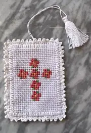 completed cross stitch bookmark crochet border tassel floral cross
