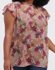 NWT Torrid Top Size 3 3X Brown Pink Floral Ditsy Peasant Boho Romantic Blouse