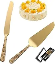 Cake Cutting Set for Wedding 2Pcs Cake Knife and Server Set Vintage Engraved Gold Cake Cutting Set for Weddings, Birthdays, and Anniversaries Cake Cutter Slicer Pie Server Gold Cake Cutting Set