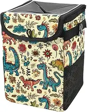 Car Trash Can with Lid and Storage Pockets Leak-Proof Organizer,Multipurpose Trash Bin for Car,Cartoon Colorful Dinosaurs