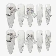 [Sun&Beam Nails] Handmade Press-on Long Pointed Nails Silver Black Butterfly Attached False Nail Tips Design Fashionable 10 Pcs Set (#156 L)