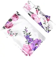 Vaguelly 1 Blanket and Headband Set Lightweight Floral Swaddle for Newborn Photography Props Versatile Receiving Blanket and Bath Cloth Shower Present