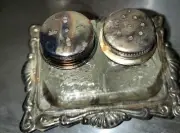 Vintage Mini Cut Glass Salt And Pepper Shakers With Silver Plated Tray Hong Kong