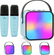 Kids Karaoke Machine Mini System 2 Microphones Bluetooth Speaker LED Lights Blue