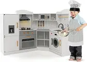 HONEY JOY Corner Play Kitchen, Toddler Kitchen Playset with Range Hood, Ice Maker, Microwave, Oven, Sink, Washing Machine, Towel Rack & Accessories, Wooden Toy Kitchen for Kids 3+, Excluded Battery