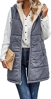 [Ausing] Women's Long Fleece Vest Casual Sleeveless Puffer Vests Outdoor Hooded Fleece Jackets Zip Up Winter Vests Warm Reversible Coats Spring Fall Outerwear S-3XL