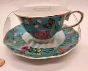 Grace Teaware Turquoise Tea Cup & Saucer Set wirh Butterflies and Flowers