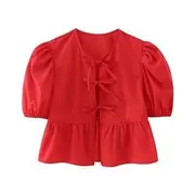 Short-Sleeve Plain Peplum Tie Front Blouse Red - S