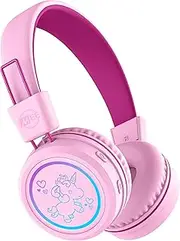 MEE audio KidJamz KJ55BT Bluetooth Wireless Safe Listening Headphones for Children with LED Lights, 85dB Volume Limiter, Microphone, & 40h Battery; Kids Headset for School/iPhone/iPad/Tablet (Pink)