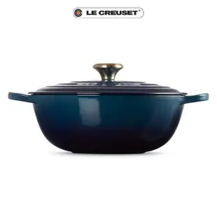 【Le Creuset】典藏琺瑯鑄鐵鍋媽咪鍋28cm(極光午夜藍-淡金頭)