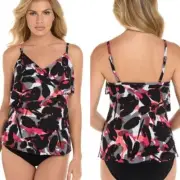 NEW Magicsuit Miraclesuit Chloe Brush Off Tiered Tankini Top Black/Red Size 8