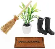 Odoria 1/12 Scale Dolls House Miniature Boots Broom Plants and Welcome Mat Dollhouse Accessories