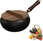 Suntuup Japanese Iron Pan,Uncoated Iron Pan,9.45″Uncoated Pansuntup P-an,Hand-Forged Non-Stick P-Ans with Lid,with Wooden Lid Cookwaresfor Cooker Gas Stir Fry P-Ans (24cm)