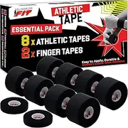Summum Fit Black Athletic Tape Extremely Strong: 8 Rolls + 2 Finger Tape. Easy to Apply & No Sticky Residue. Sports Tape for Boxing, Football or Climbing. Enhance Wrist, Ankle & Hand Protection Now