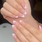 LunarCharm Pack of 24 Pink French Tip Press On Nails Almond, Short Almond Fake Nails, with Adhesive Tabs, Mini Nail File, Nails Press Ons, Women Girls Gift
