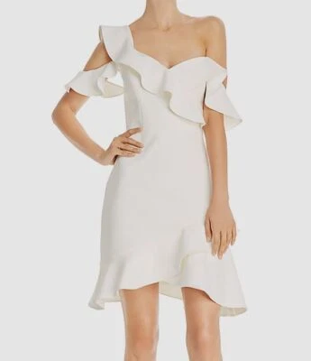 $268 BCBGMAXAZRIA Women's White Malik One Shoulder Ruffle Mini Dress Size US 4