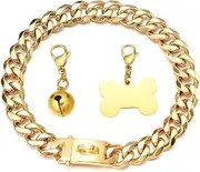 RUMYPET Gold Dog Chain Collar Cuban Link Chain Collar with Design Buckle, Dog ID Tag and Bell 15mm/19mm Strong Heavy Metal Stainless Steel Choke Dog Collar 10-26inch(15mm,16inch)