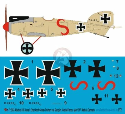 Peddinghaus 1/72 Albatros D.III Markings Ernst Freiherr von Stenglin Jasta1 3953