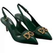 Dolce & Gabbana Bellucci Dg Amore Beads Logo Leather Slingbacks Pumps Green 38,5