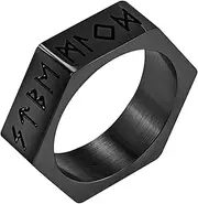 [Cupimatch] Men's Viking Rings Geometric Hexagonal Ring: Size 59 Nordic Runes Viking Rings Stainless Steel Riding Ring Amulet Jewellery, Non-precious metal