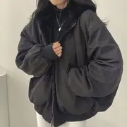 Plain Hooded Fleece-Lined Zip Jacket Black - XL