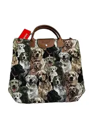 Signare Tapestry Foldable Tote Shopping Bag Snap Button Labrador Dogs NWT