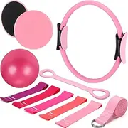 Set of 6 Style Pilates Home Workout Bundle 14" Magic Circle, Mini Exercise Ball, Yoga Strap, Silicone Tension Strip, Tension Band, Sliding Plate