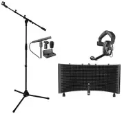 Audio Technica Broadcast Microphone+Beyerdynamic Black Headset+Stand+Foam Shield