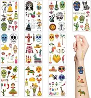 Temporary Halloween Tattoos for Kids, 10 Sheets Glow in the Dark Mexican Fiesta Stickers Sugar Skull Skeleton Cactus Luminous Tattoo for Girls Boys Halloween Party Supplies
