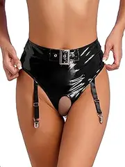 [Vxuxlje] Women's Sexy Patent Leather Open Crotch Thongs Buckled High Waist Panties with Garter Clips