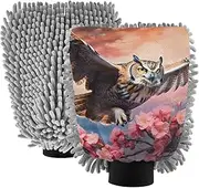XYMZR Owl Floral Fly Absorbent Microfiber Car Wash Mitt, Funny Cute Anime Scratch Free for Cars Cleaning, Home Cleaning Mitts, 2 Pack, 10.24” L x 7.09” W