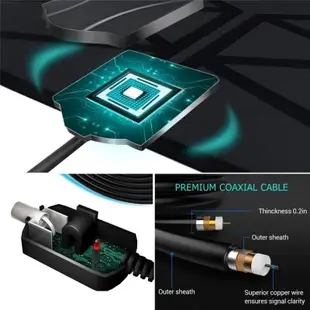 數位電視專用室內天線 帶訊號放大器強波器 200英里範圍 1080P 4K 16英尺同軸電纜 HDTV TDT
