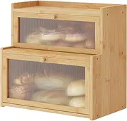 [Furshus] Double Layer Bamboo Bread Box for Kitchen Counter,Bread Holder,Countertop Bread Storage with Window (Natural)