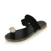Catzon Womens Summer Pineapple Shape Rhinestone Sandals Open Toe Flat Slippers-Black