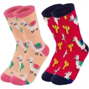 2-Pair Girls Crew Socks, Cute Llama Alpaca Animal Print Casual Socks, US 4-8