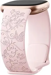 Maledan Engraved Band Compatible with Fitbit Versa 3 Band for Woman/Versa 4 Bands & Fitbit Sense 2 Band/Sense Bands Women, Soft Floral Pattern Sport Accessories for Sense/Sense 2/Versa 4/3 SmartWatch