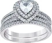 [JewelryWeb] 925 Sterling Silver Womens Love Heart Round CZ Simulated Diamond-Heart Duo Ring Set 9.9x4.8mm Wide Statement-Ring for Women