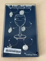 MY WINE NOT THINE SET OF 6 WINE GLASS CHARMS MARKERS SPORTS THEME PEWTER SEALED