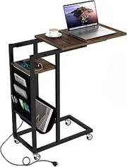 Giantex C-Shaped End Table with Charging Station, Rolling Bedside Table with Retractable Tabletop, Couch Side Table with Storage Pocket & Lockable Casters for Living Room Bedroom, Rustic Brown