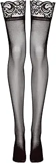 Lovehoney Lingerie Women's Black Sheer Plus Size Hold Up Stockings - Soft Nylon with Floral Lace Tops and Silicone Strips - One Size: 8-16