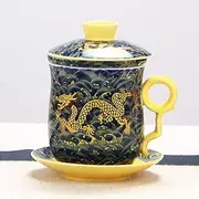 Porcelain Tea Mug-4 PCS Kit,Convenient Travel Office Loose Leaf Tea Brewing System, Chinese Dragon Blue and White Porcelain Tea Cup for Home Office Kitchen,Black