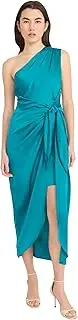 [Donna Morgan] Women's One Shoulder Faux Wrap Light Charmeuse Maxi with Tie Waist Occasion Event Party Guest of