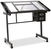 [Artiss] Drawing Table, Metal Adjustable Drafting Tables Desk Craft Standing Desks for Artwork Work Bench Painting Studio, Tempered Glass Desktop with Removable Drawers Storage Tray Castor Pad Black