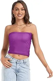 [GuoChe] Womens Strapless Tube Top Purple with Mesh Bando Bra Women Bandeau Crop Top for Teen Party